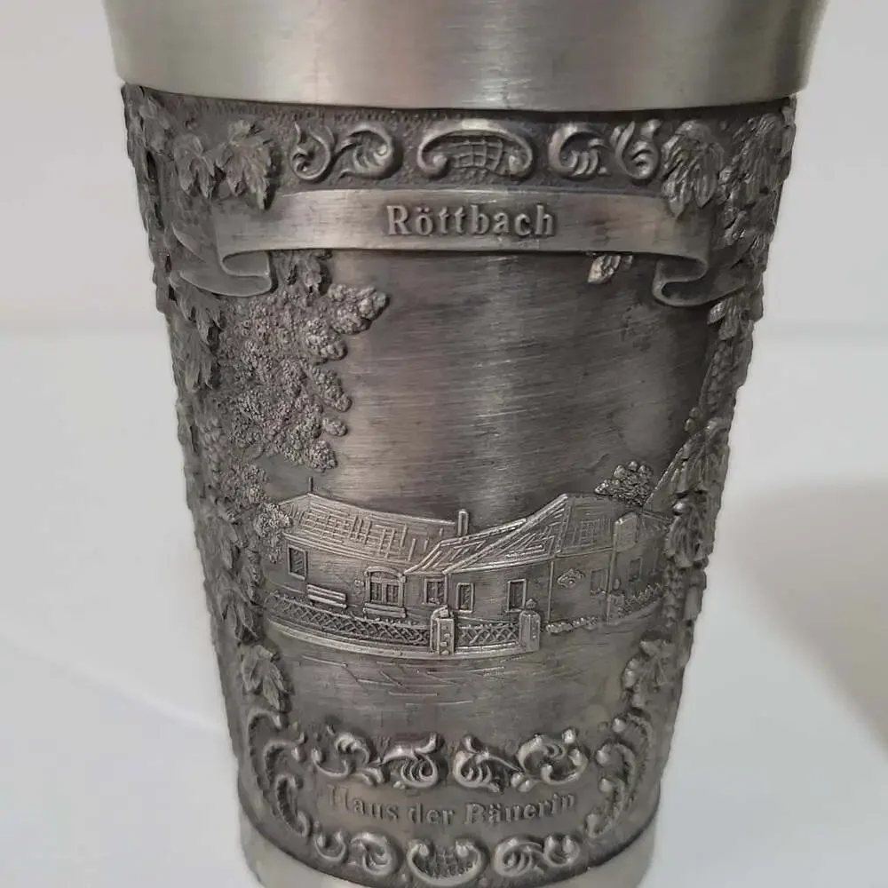 Zinn Becker Pewter Cups Set Of 2 Hand Engraved Ornate Weibelbach Rottbach + More